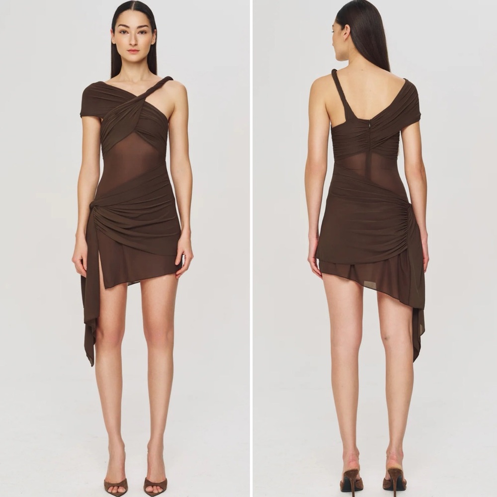 Ronny Kobo Izel Dress in Desert Chocolate Brown Draped Mesh Twist Mini Revolve